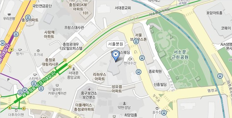 국방기술품질원 서울분원 지도 이미지: 지하철 2호선, 5호선 충정로역 4번 출구에서 우측 서소문로 6길을 따라 이동(좌측 한국경제신문사 빌딩 건물 5층에 위치)